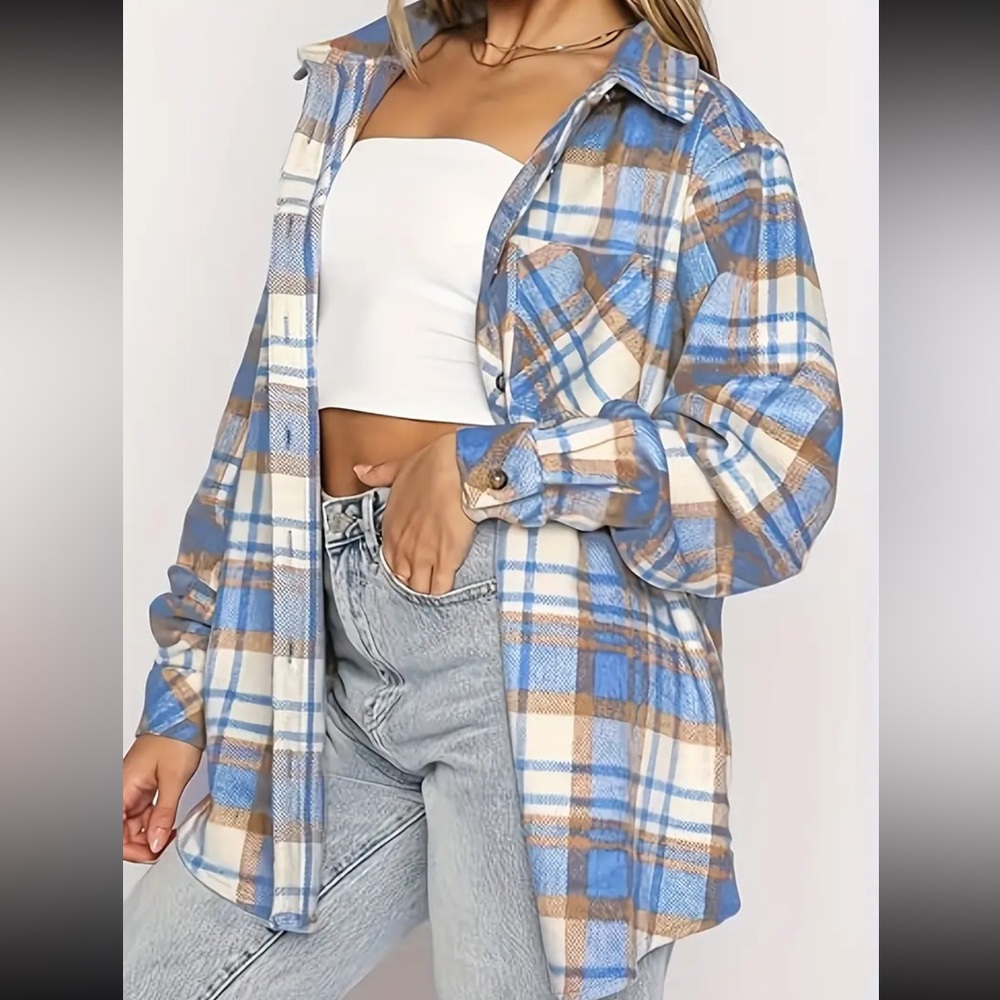 Blue Brown Button Down Flannel Plaid Shirt